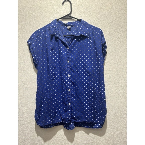 Old Navy Shirt Women Large Blue Polka Dot Button Up Crew Neck Short Sleeve - Picture 1 of 7